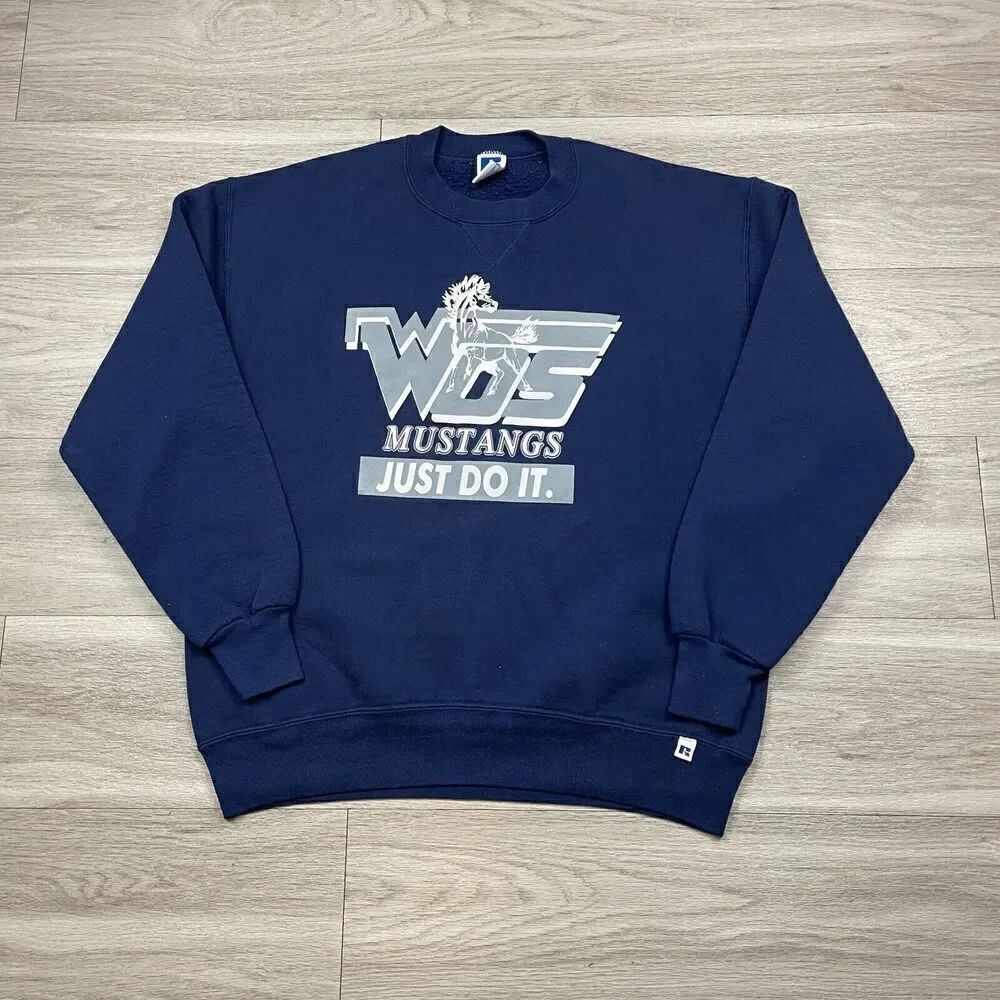Vintage Russell Athletic Sweatshirt Mens Extra Large Blue 90s Crewneck Mustangs